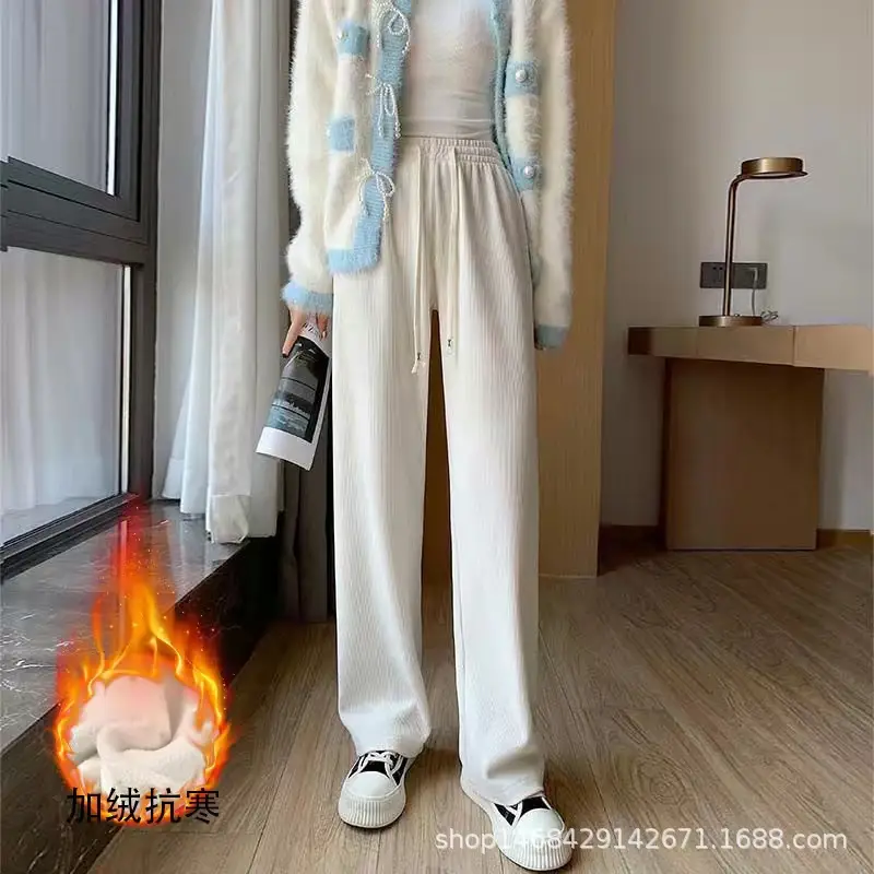 Women Velvet Wide Leg Pants Cream New Winter - Image 4