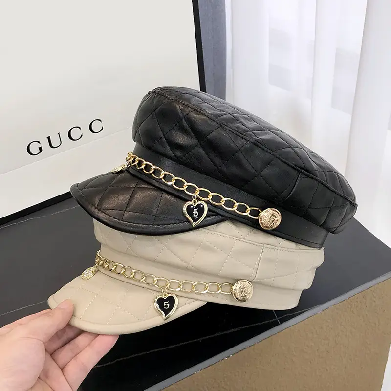 Women's Beige Quilted Peaked Hat with Heart Chain - Image 3