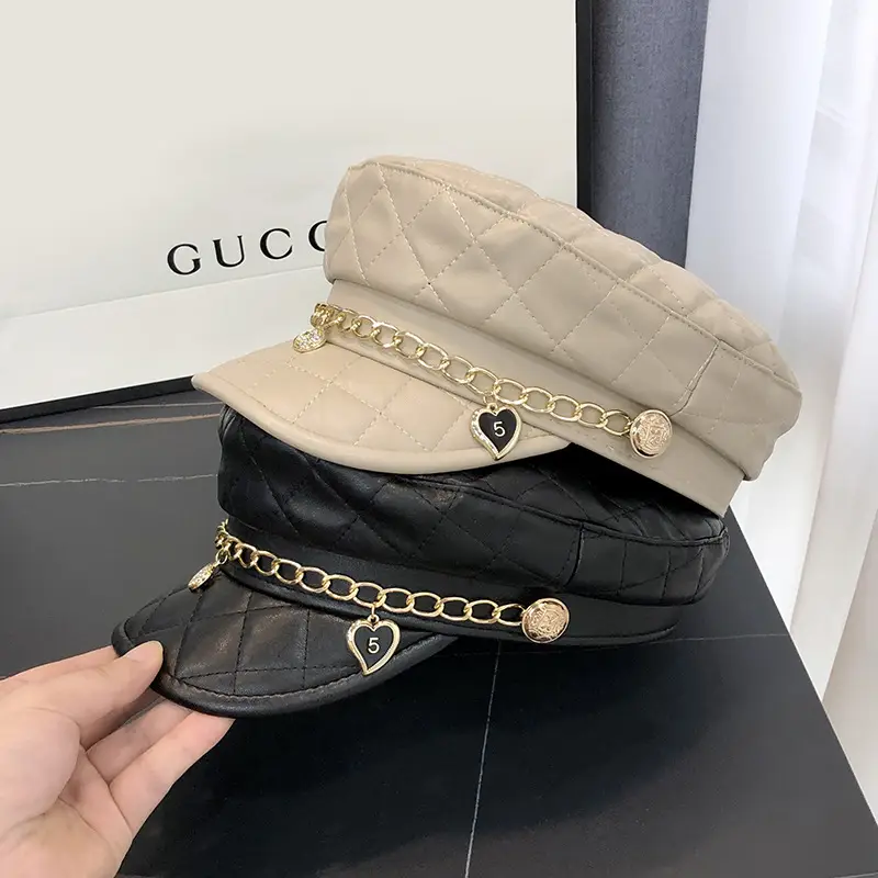 Women's Beige Quilted Peaked Hat with Heart Chain - Image 4