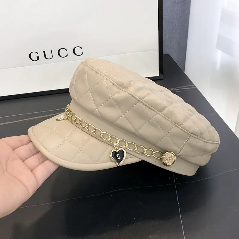 Women's Beige Quilted Peaked Hat with Heart Chain - Image 2