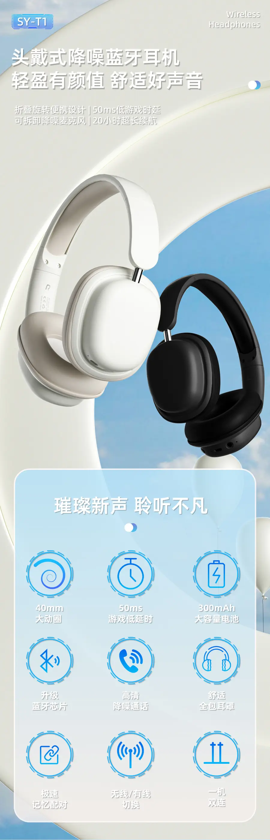Bluetooth Headset White Black Long Battery Gaming E-Sports β feature 4