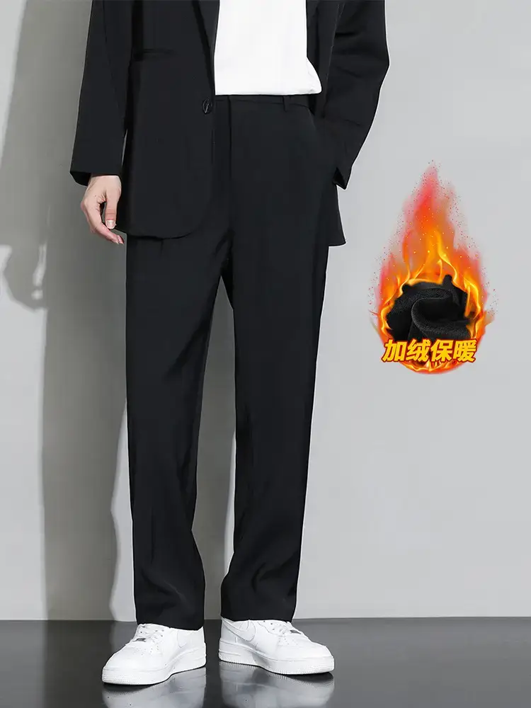 Men Black Fleece Lined Wide Leg Pants Winter Casual - Image 3