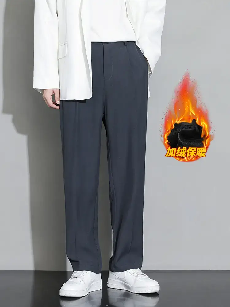 Men Black Fleece Lined Wide Leg Pants Winter Casual - Image 4