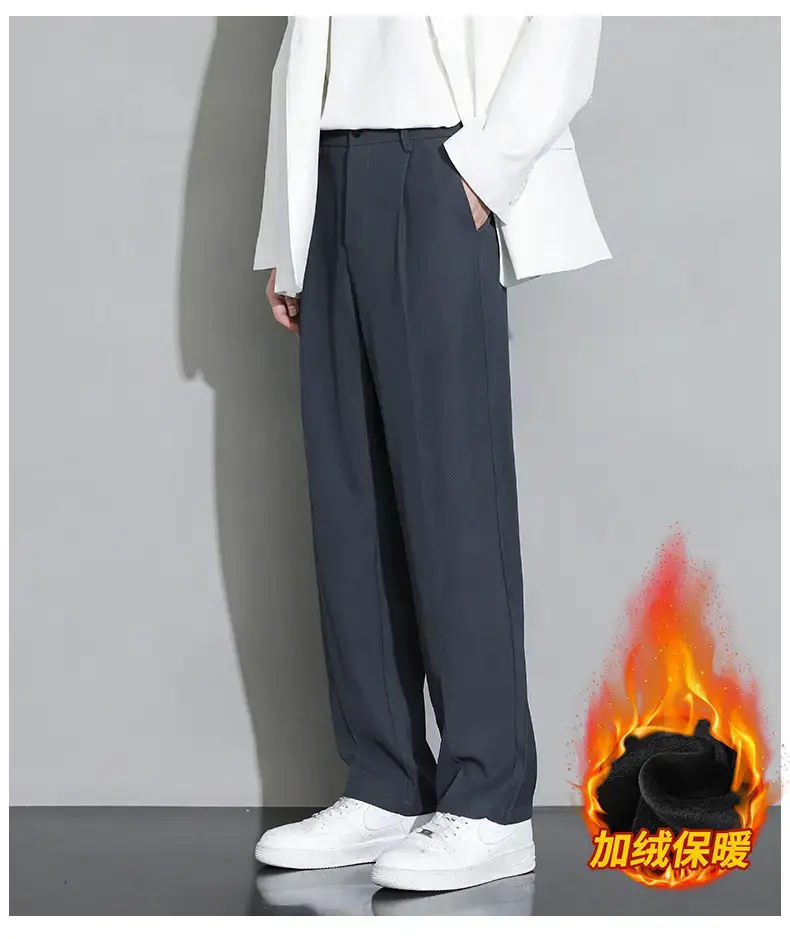 Men Black Fleece Lined Wide Leg Pants Winter Casual — feature 15