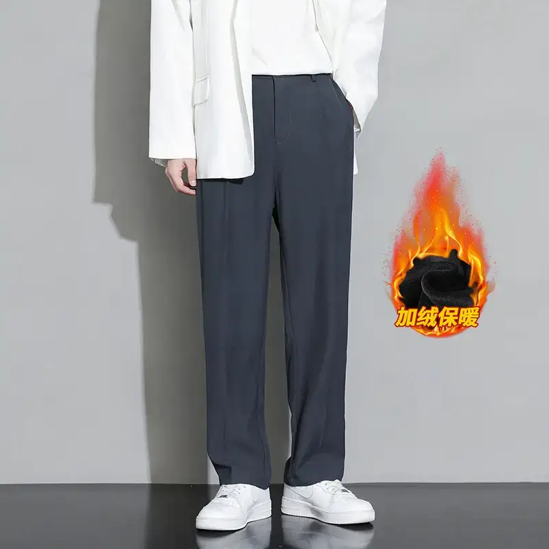 Men Black Fleece Lined Wide Leg Pants Winter Casual - Image 2