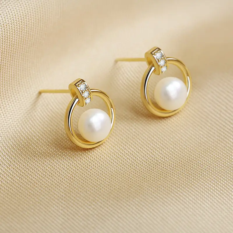Freshwater Pearl Ring Earrings Gold Plated Zircon - Image 3