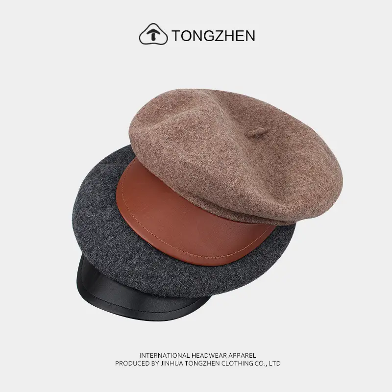 Women Woolen Octagonal Hat Black Beret with PU Brim - Image 7