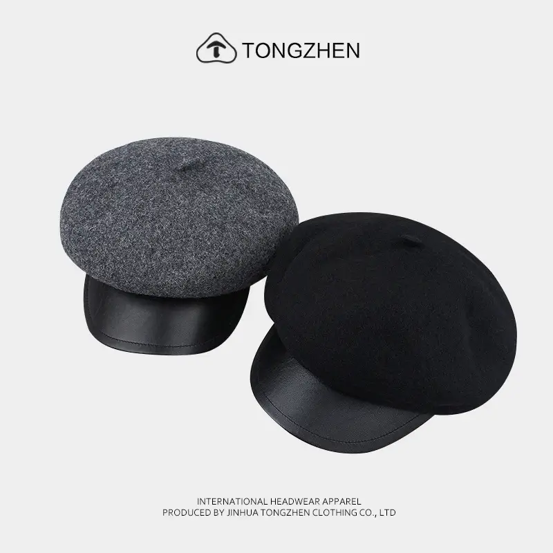 Women Woolen Octagonal Hat Black Beret with PU Brim - Image 8