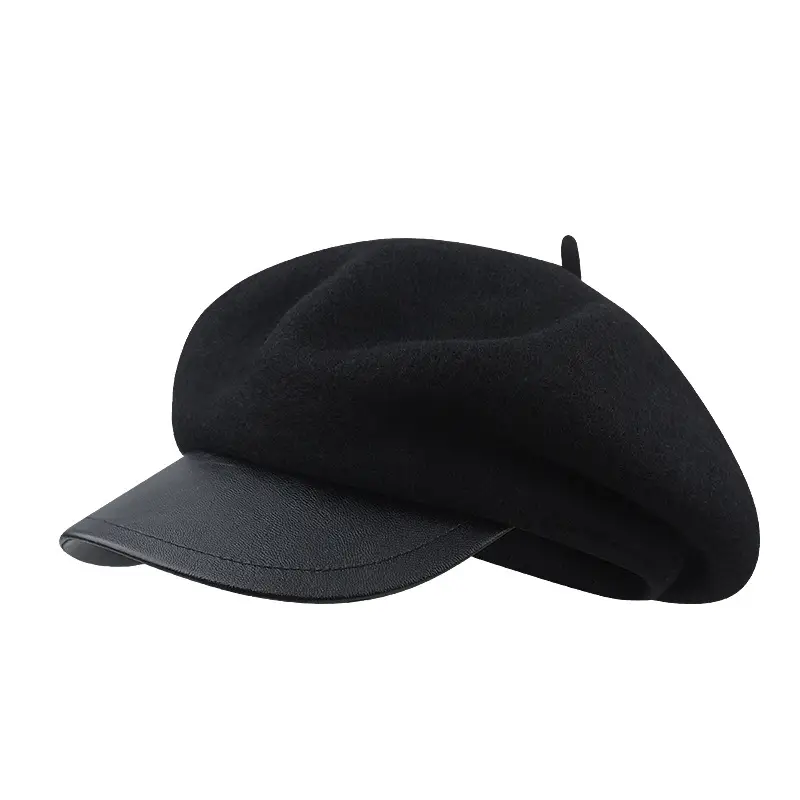 Women Woolen Octagonal Hat Black Beret with PU Brim - Image 9