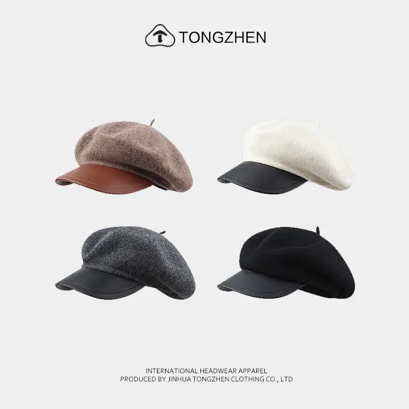 Women Woolen Octagonal Hat Black Beret with PU Brim — feature 1