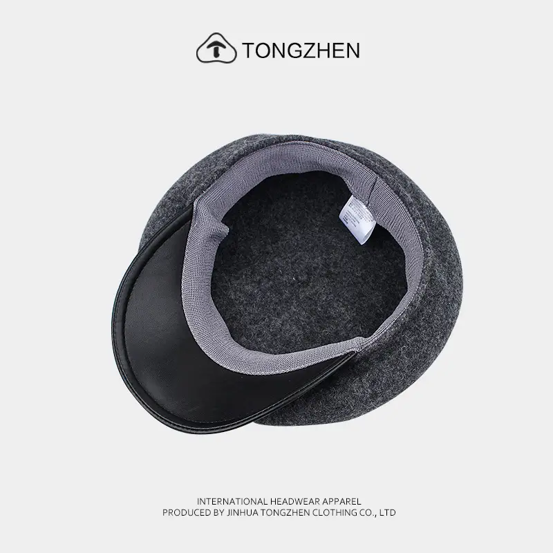 Women Woolen Octagonal Hat Black Beret with PU Brim — feature 9