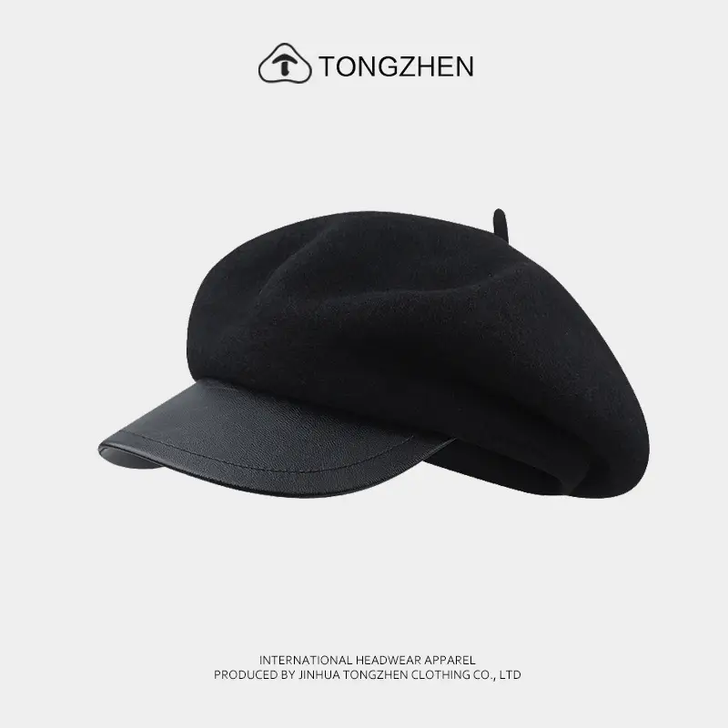 Women Woolen Octagonal Hat Black Beret with PU Brim - Image 2