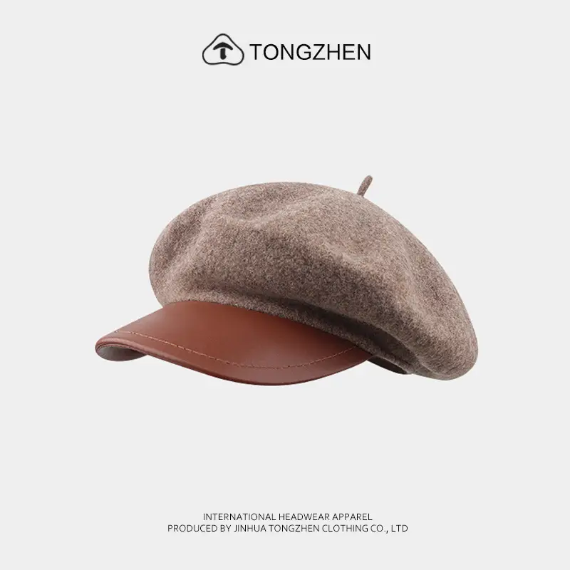 Women Woolen Octagonal Hat Black Beret with PU Brim - Image 3