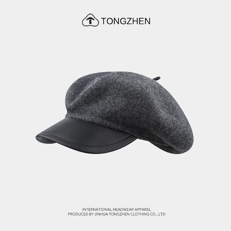 Women Woolen Octagonal Hat Black Beret with PU Brim - Image 4