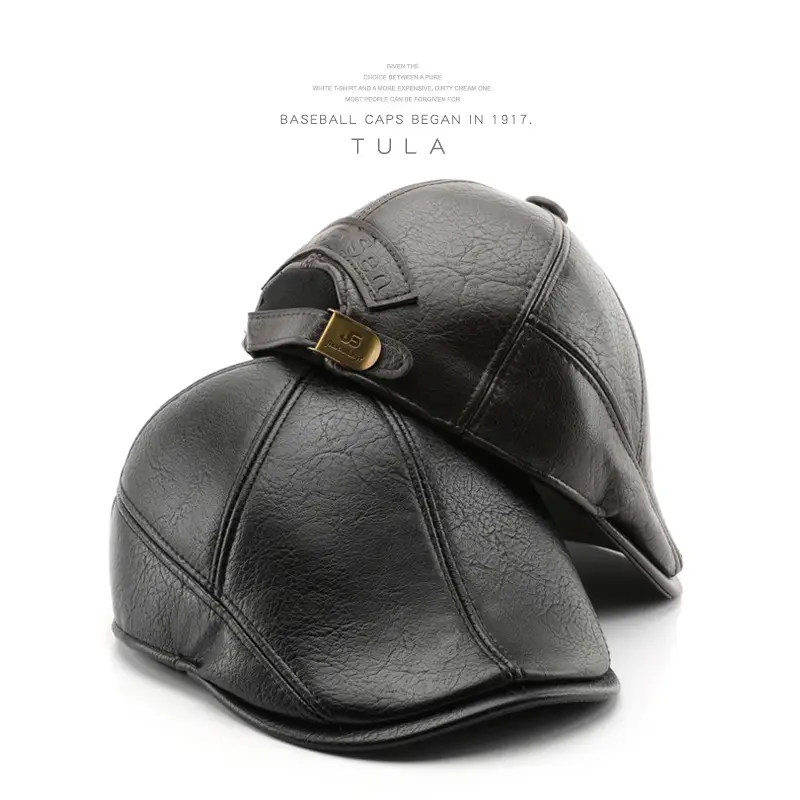 Men's Black Leather Peaked Cap Autumn Winter - Image 3