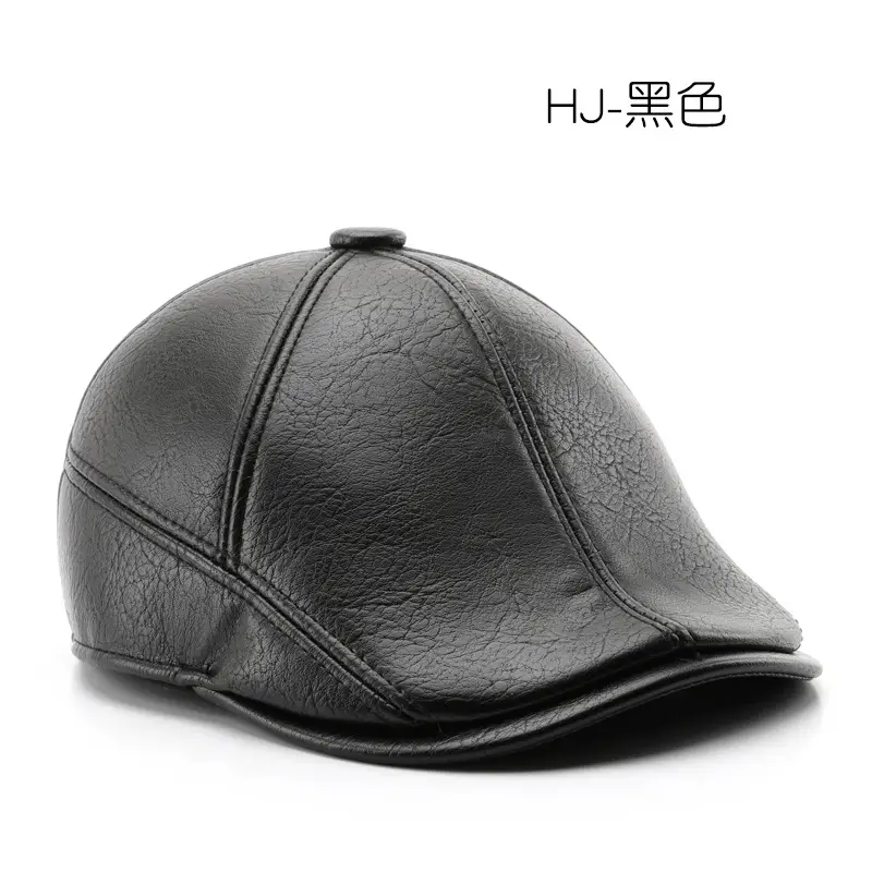 Men's Black Leather Peaked Cap Autumn Winter