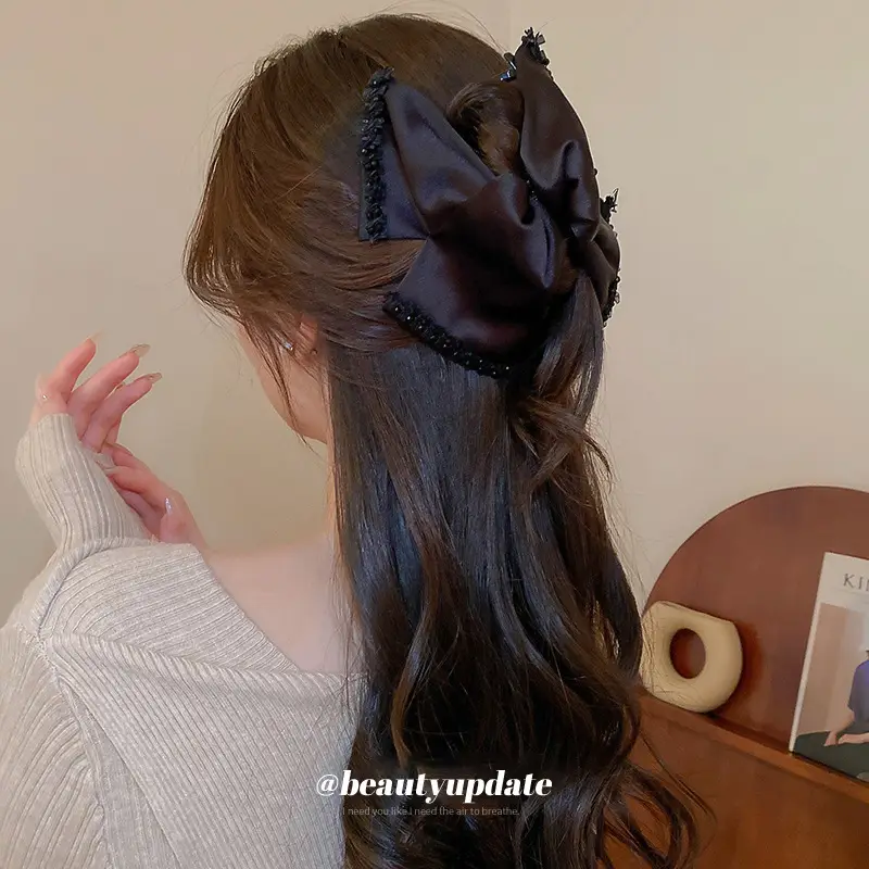 Black Silk Bow Hair Clip for Women - Image 2