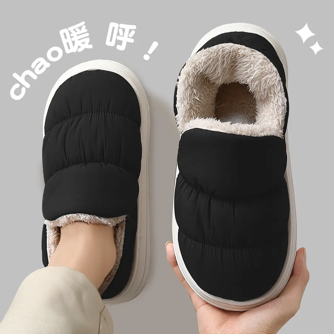 Winter Cotton Slippers for Women, Indoor Waterproof Non-Slip Home Slippers for Men, Fleece-Lined Warm Closed-Back Cotton Shoes for Men - Image 5