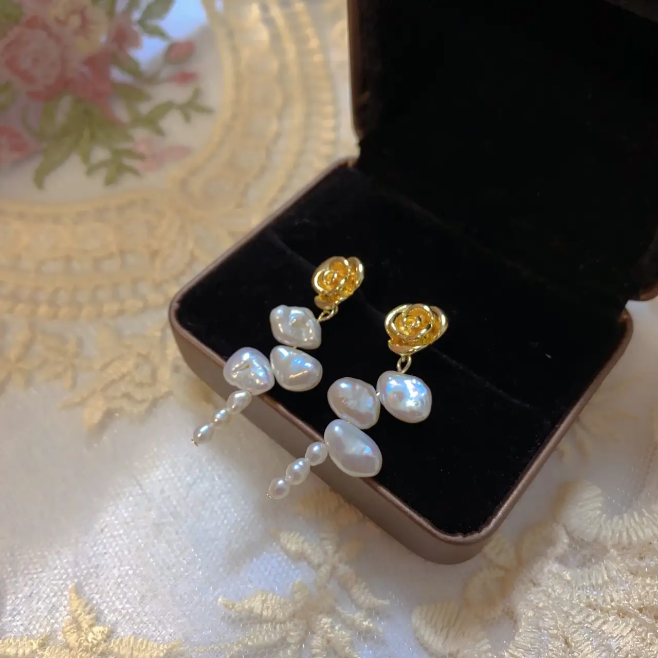 Rose Flower Pearl Earrings Vintage Hong Kong Style