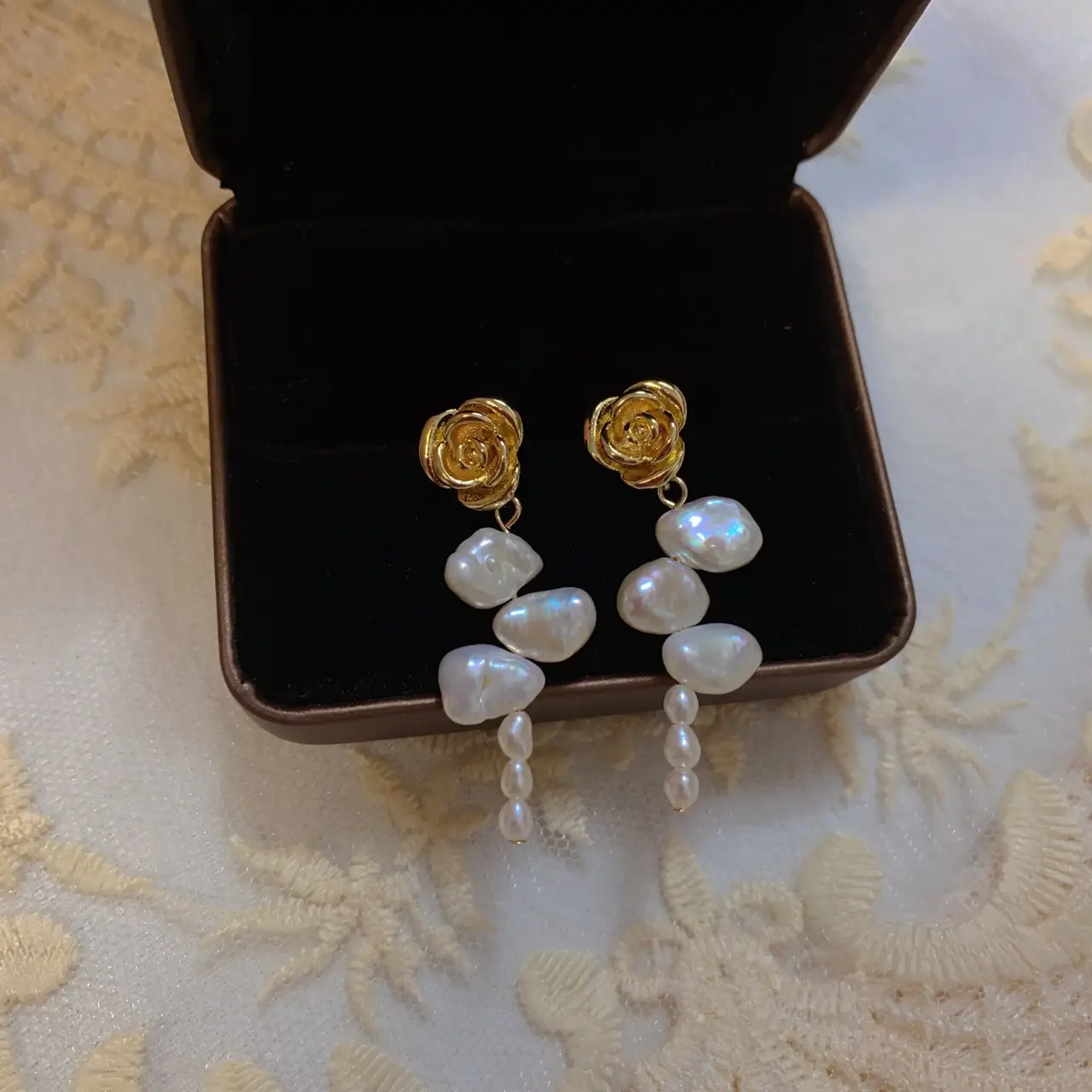 Rose Flower Pearl Earrings Vintage Hong Kong Style