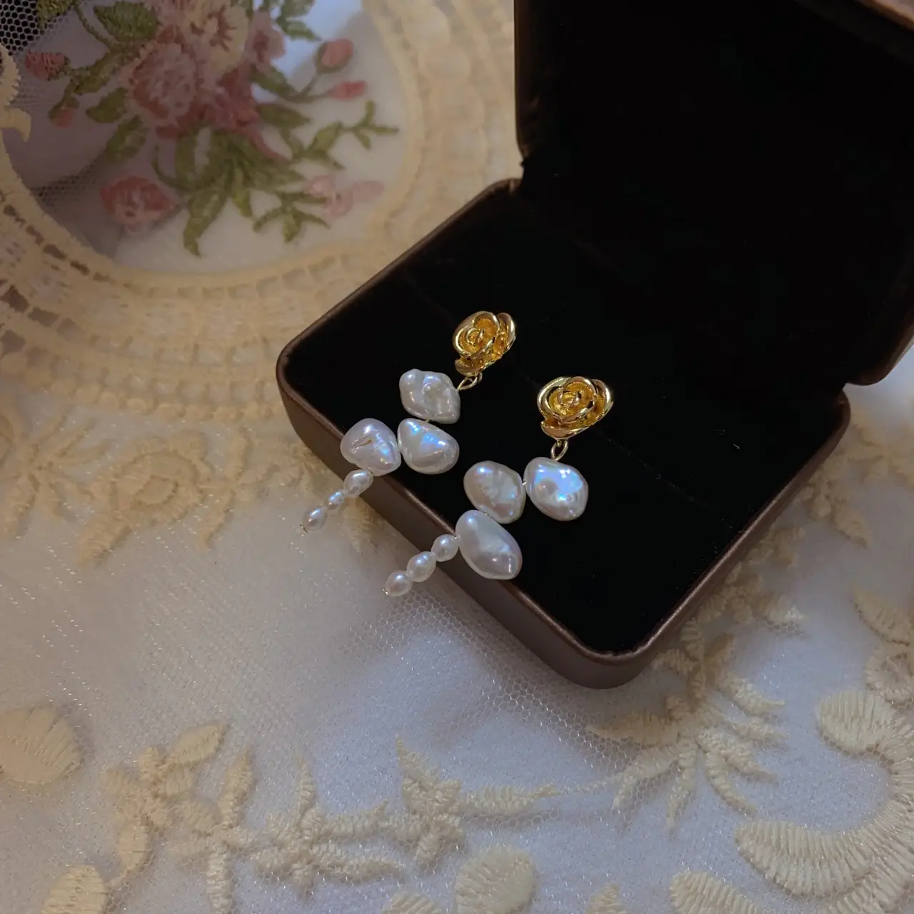 Rose Flower Pearl Earrings Vintage Hong Kong Style