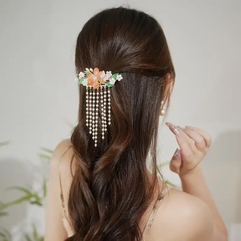 New Chinese Pearl Flower Hairpin with Tassels - Image 3