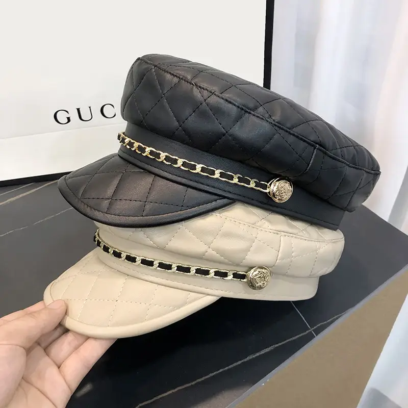 Black Quilted Peaked Cap with Chain Detail - Image 3