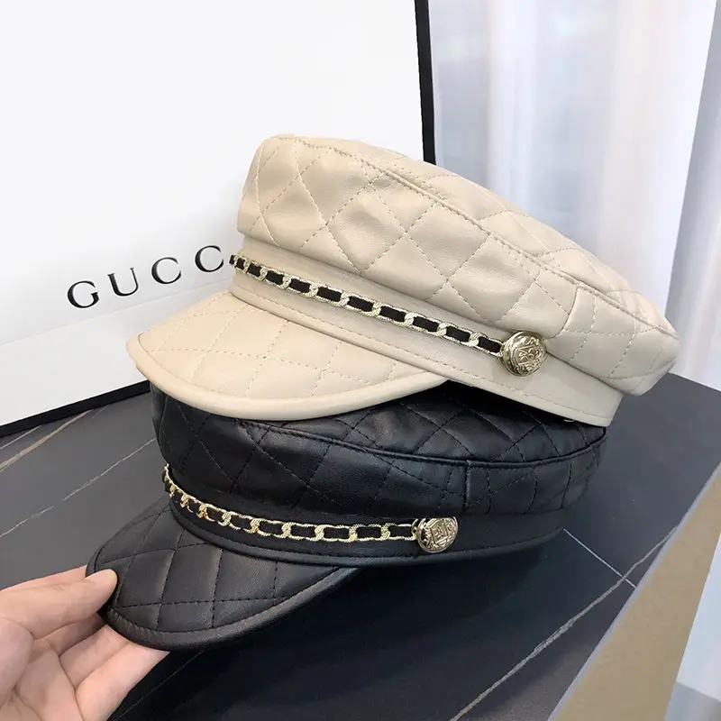 Black Quilted Peaked Cap with Chain Detail - Image 4