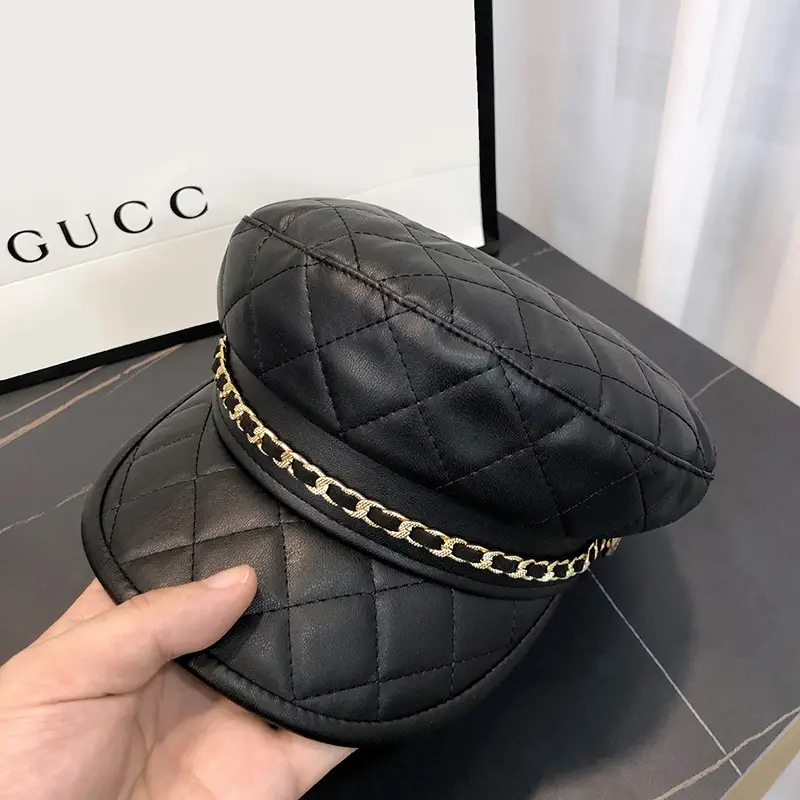 Black Quilted Peaked Cap with Chain Detail - Image 5