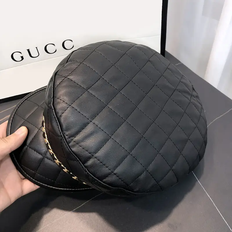 Black Quilted Peaked Cap with Chain Detail - Image 6