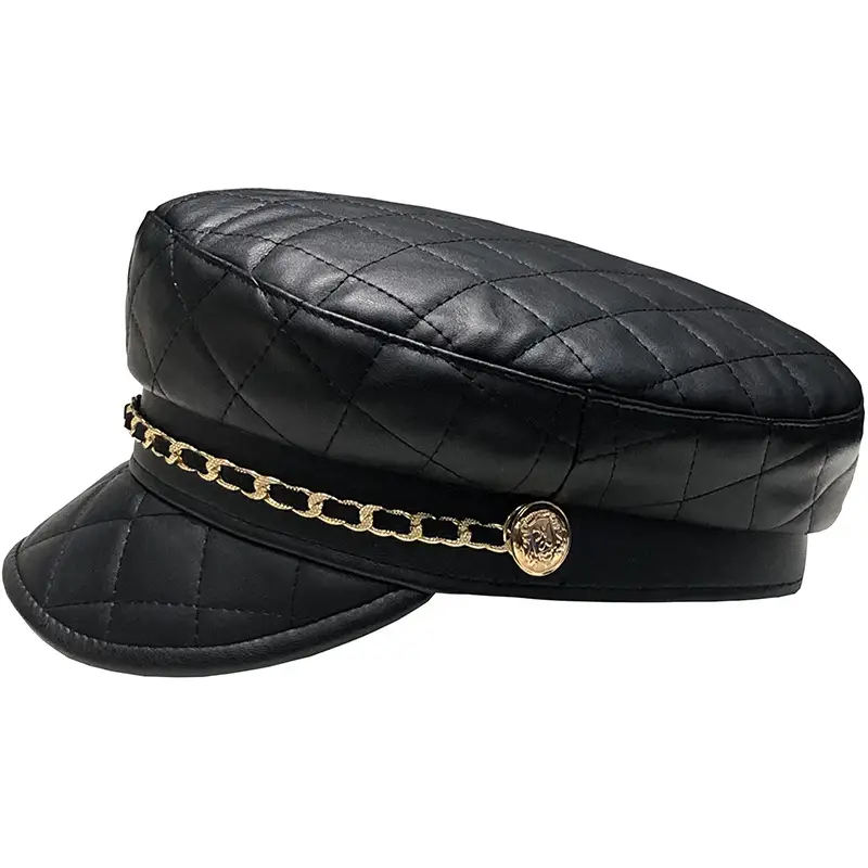 Black Quilted Peaked Cap with Chain Detail - Image 7