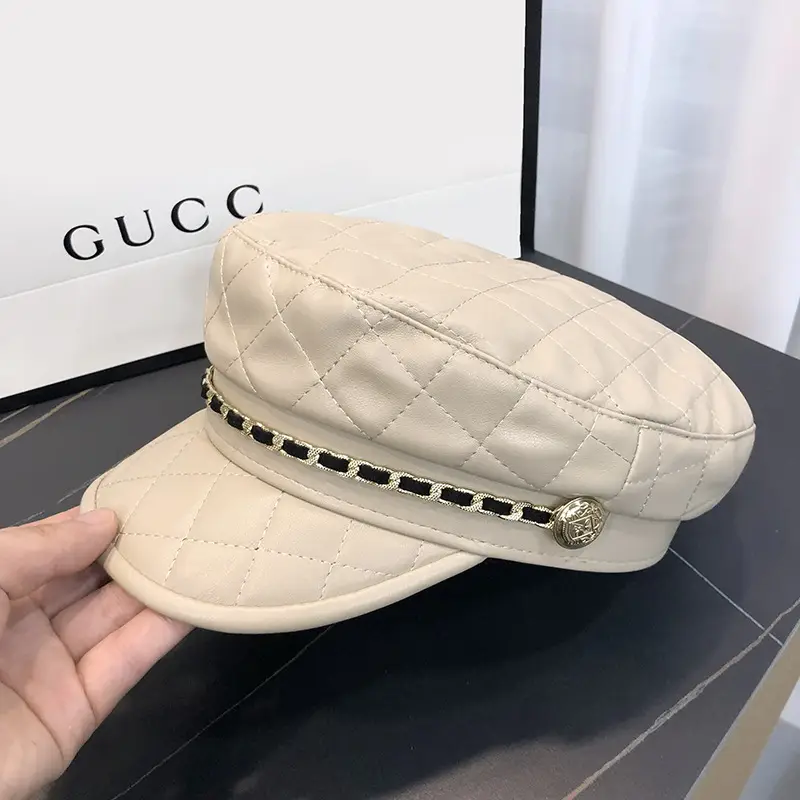 Black Quilted Peaked Cap with Chain Detail - Image 2