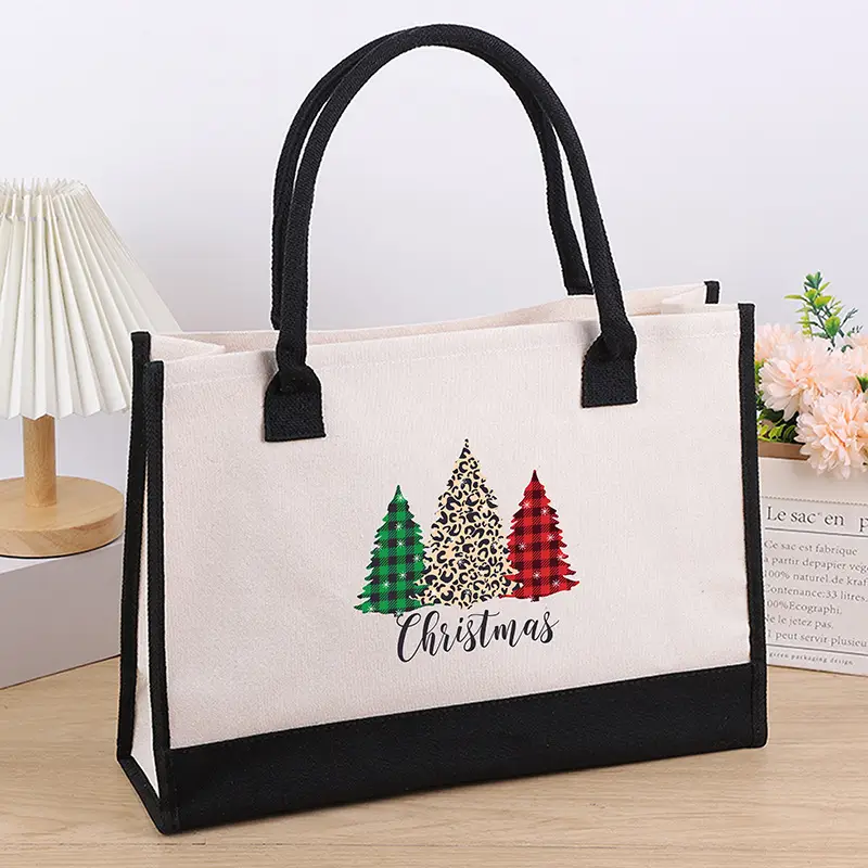 Printed Canvas Shoulder Bag Women Large Capacity Festive Christmas Design