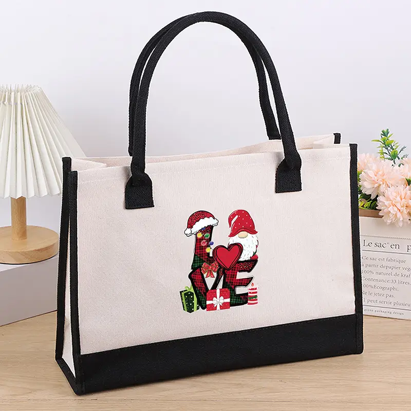 Printed Canvas Shoulder Bag Women Large Capacity Festive Christmas Design
