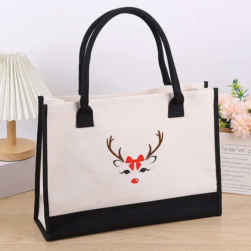 Printed Canvas Shoulder Bag Women Large Capacity Festive Christmas Design