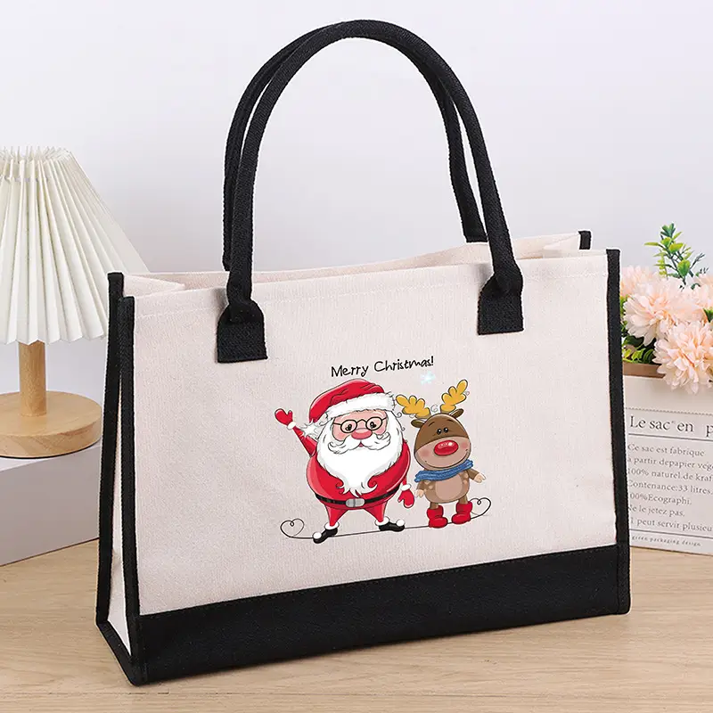 Printed Canvas Shoulder Bag Women Large Capacity Festive Christmas Design