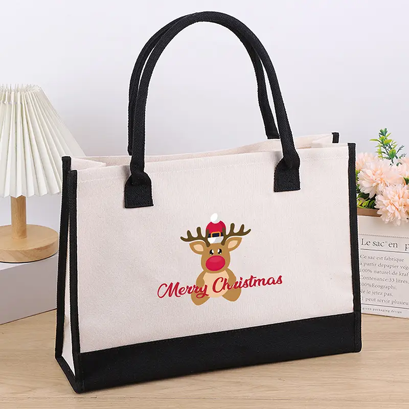 Printed Canvas Shoulder Bag Women Large Capacity Festive Christmas Design