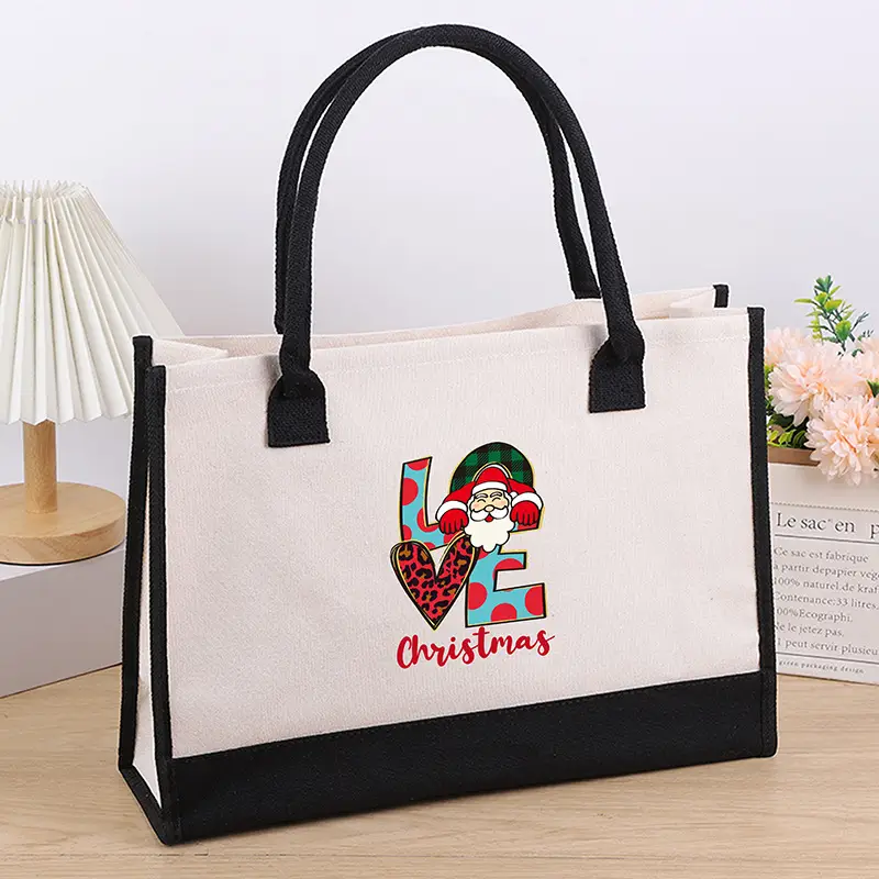 Printed Canvas Shoulder Bag Women Large Capacity Festive Christmas Design