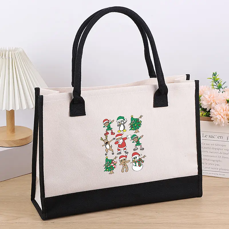 Printed Canvas Shoulder Bag Women Large Capacity Festive Christmas Design