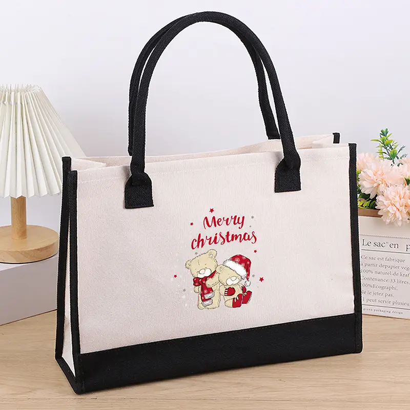 Printed Canvas Shoulder Bag Women Large Capacity Festive Christmas Design