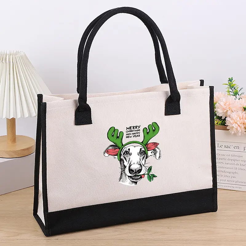 Printed Canvas Shoulder Bag Women Large Capacity Festive Christmas Design