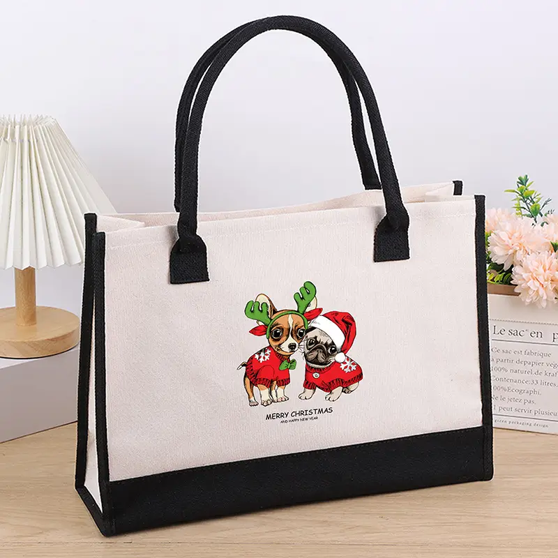 Printed Canvas Shoulder Bag Women Large Capacity Festive Christmas Design