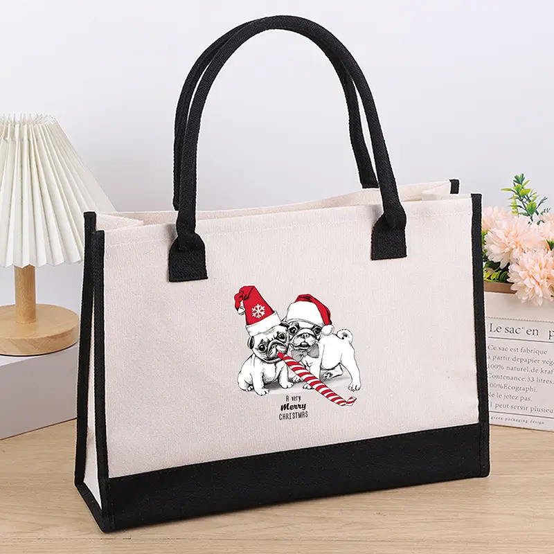 Printed Canvas Shoulder Bag Women Large Capacity Festive Christmas Design