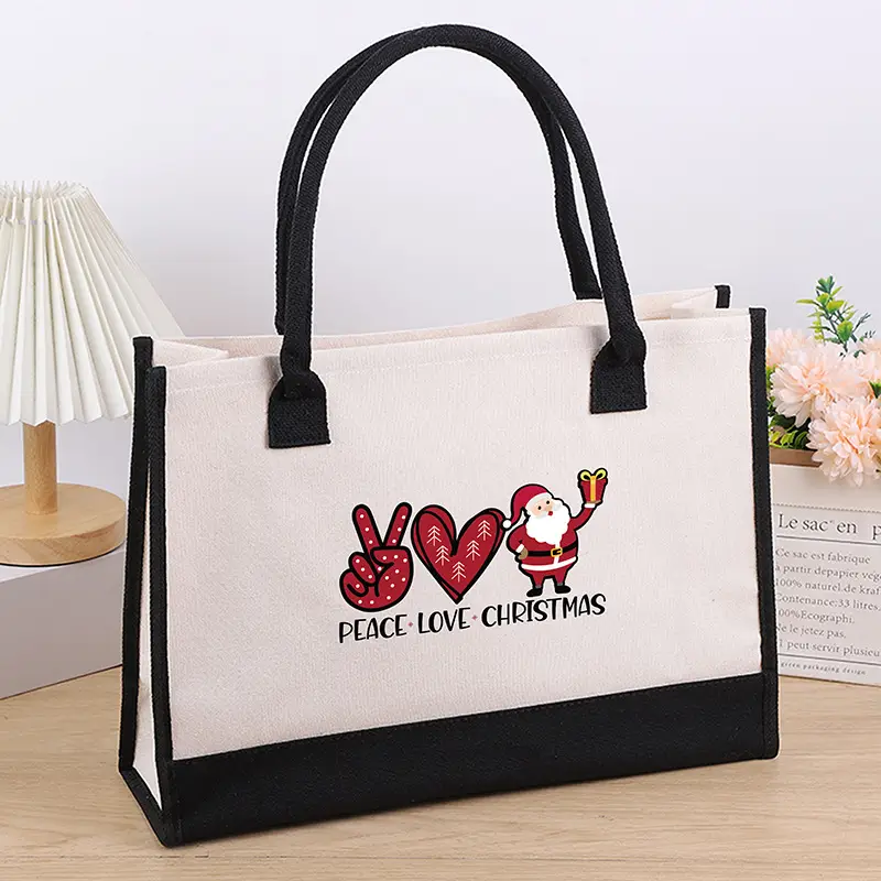 Printed Canvas Shoulder Bag Women Large Capacity Festive Christmas Design
