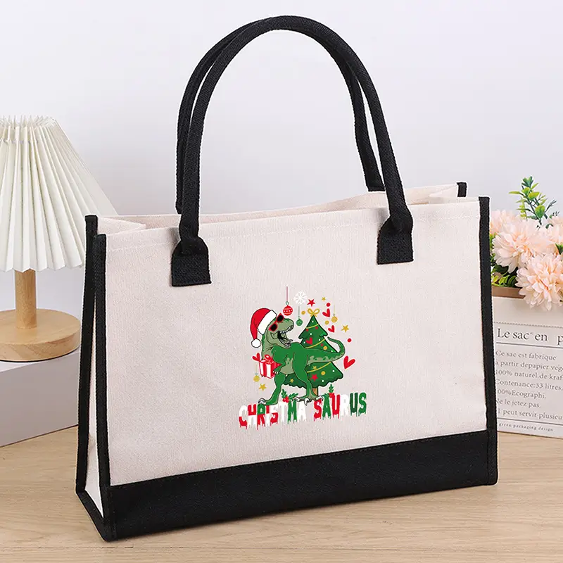Printed Canvas Shoulder Bag Women Large Capacity Festive Christmas Design