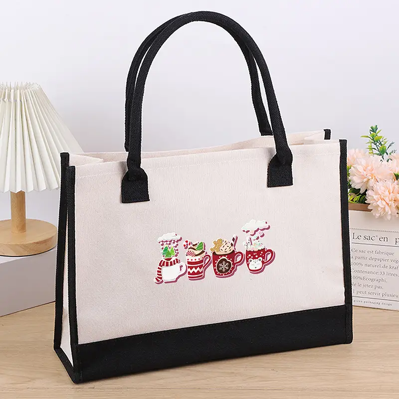 Printed Canvas Shoulder Bag Women Large Capacity Festive Christmas Design