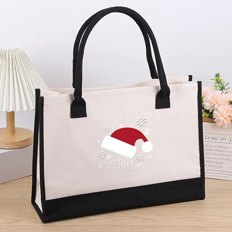 Printed Canvas Shoulder Bag Women Large Capacity Festive Christmas Design