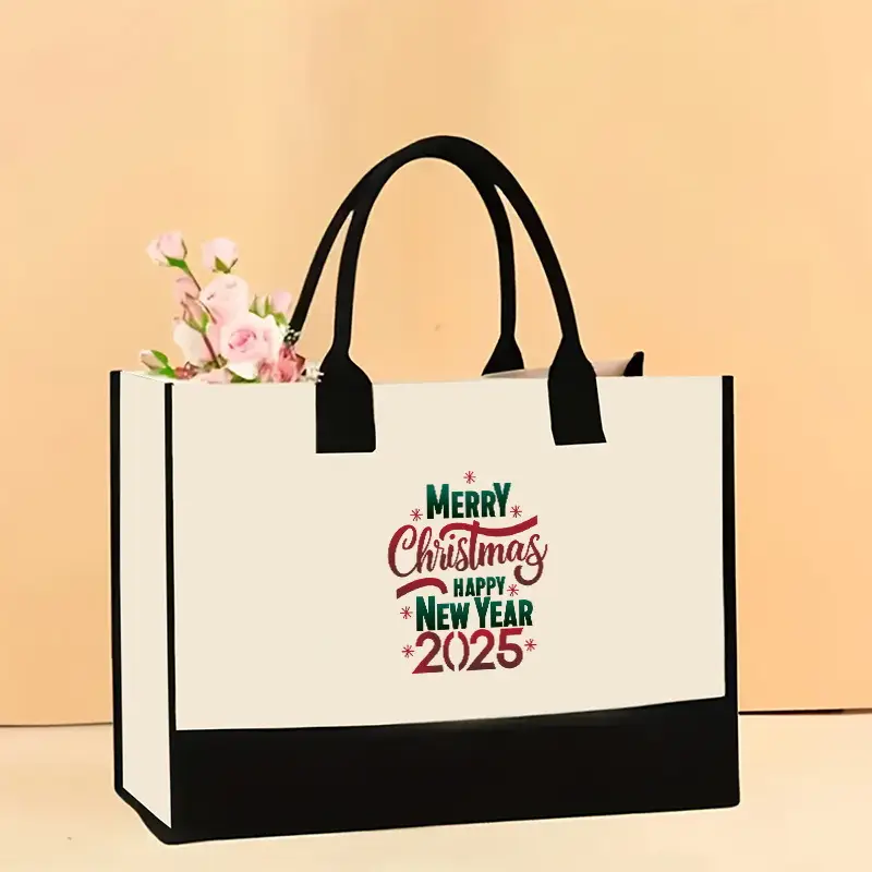 Printed Canvas Shoulder Bag Women Large Capacity Festive Christmas Design
