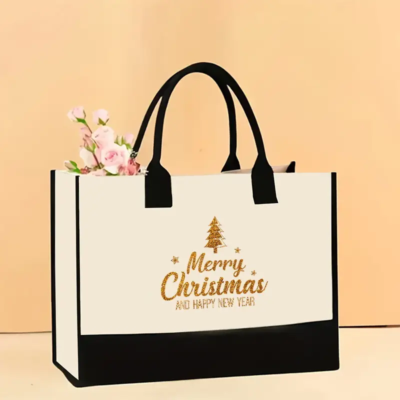 Printed Canvas Shoulder Bag Women Large Capacity Festive Christmas Design
