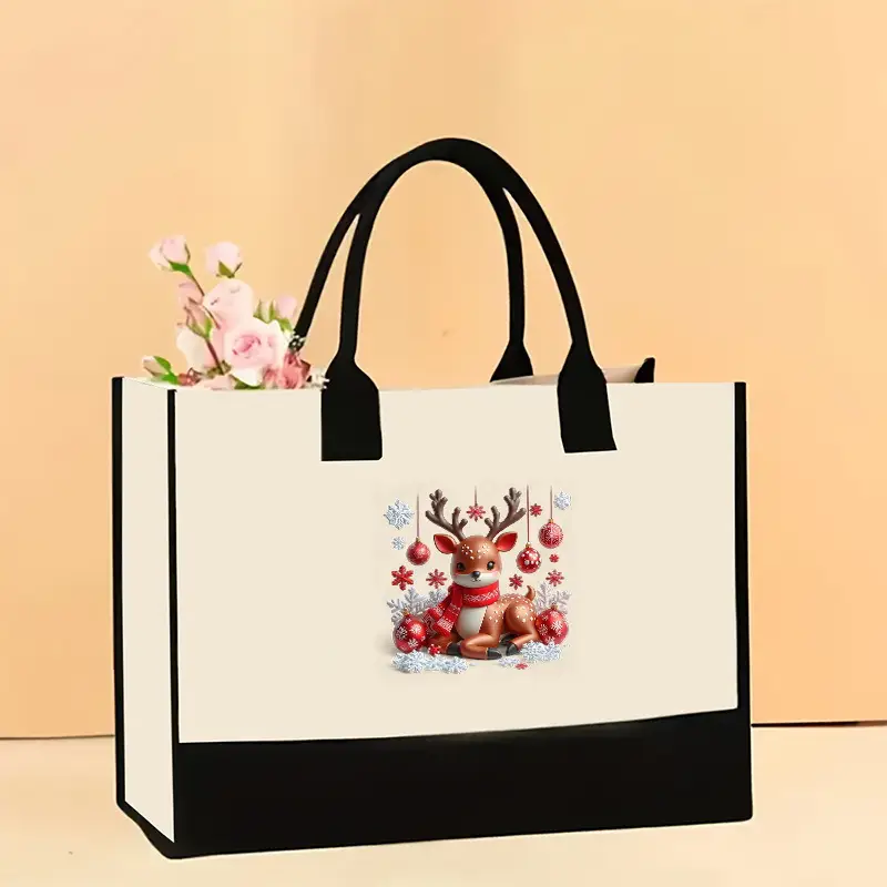 Printed Canvas Shoulder Bag Women Large Capacity Festive Christmas Design
